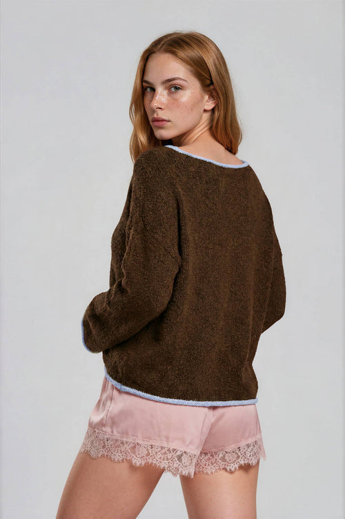 BOAT NECK CONTRAST TRIM LONG SLEEVE KNIT SWEATER