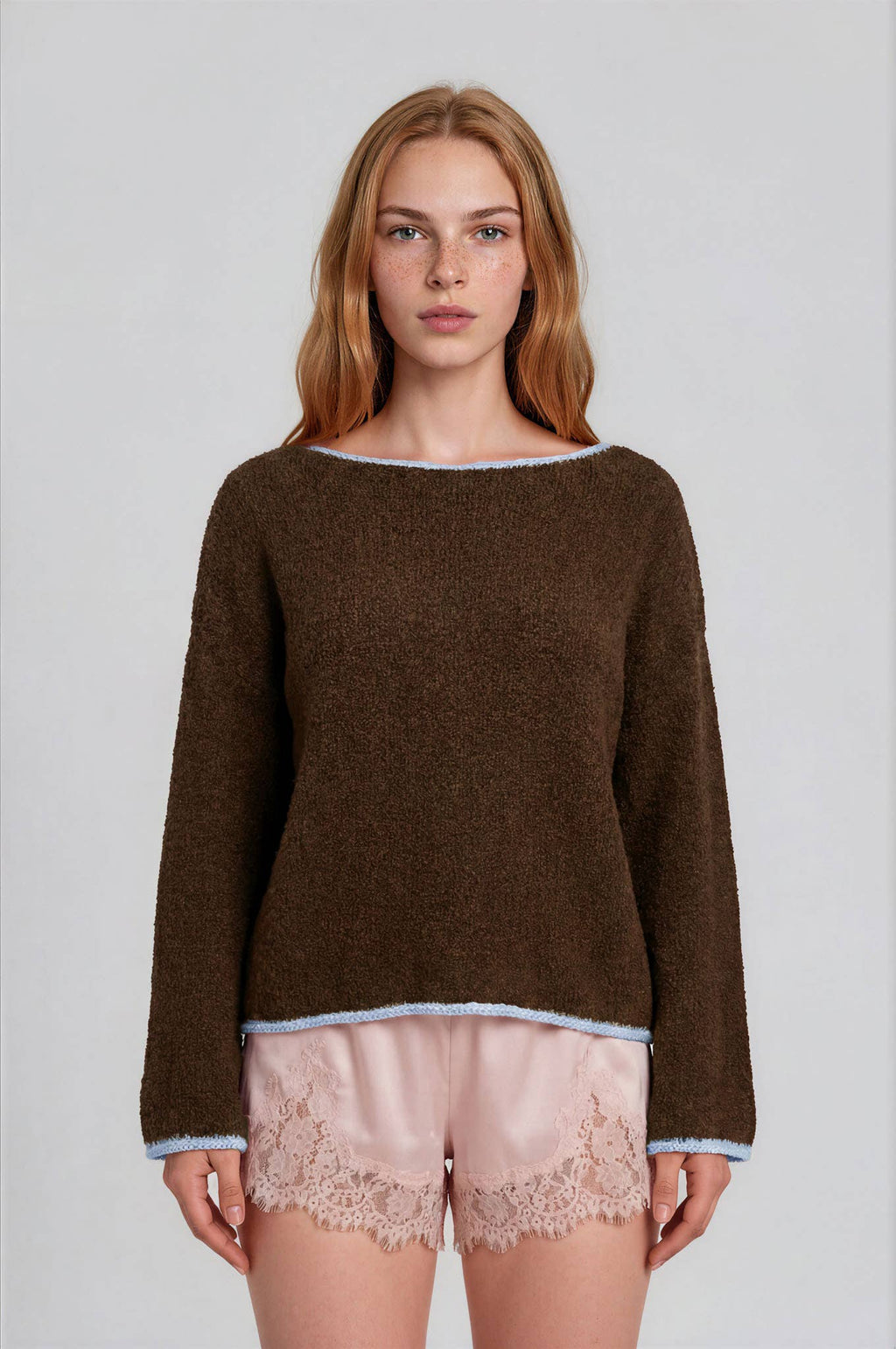 BOAT NECK CONTRAST TRIM LONG SLEEVE KNIT SWEATER