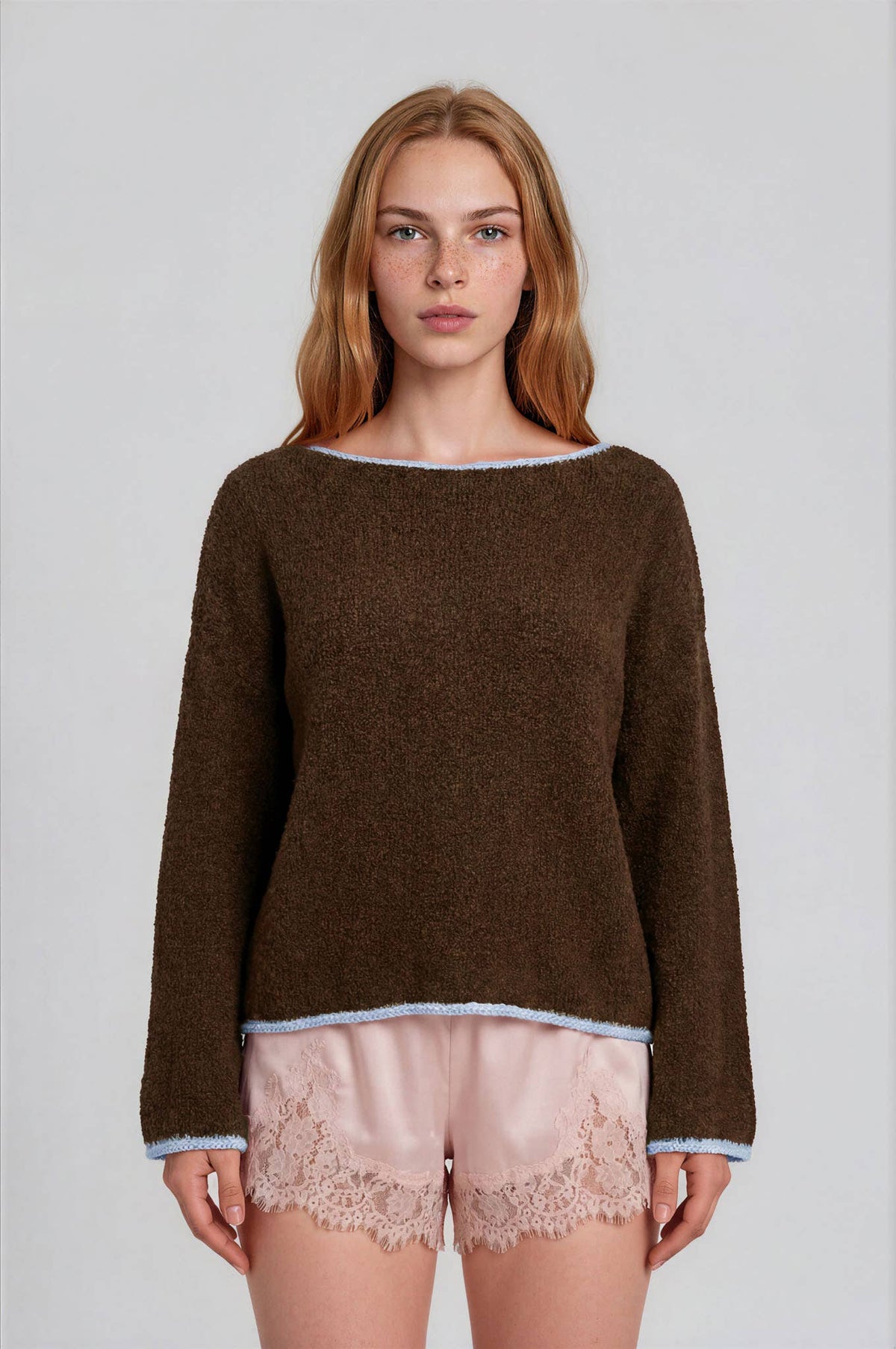 BOAT NECK CONTRAST TRIM LONG SLEEVE KNIT SWEATER