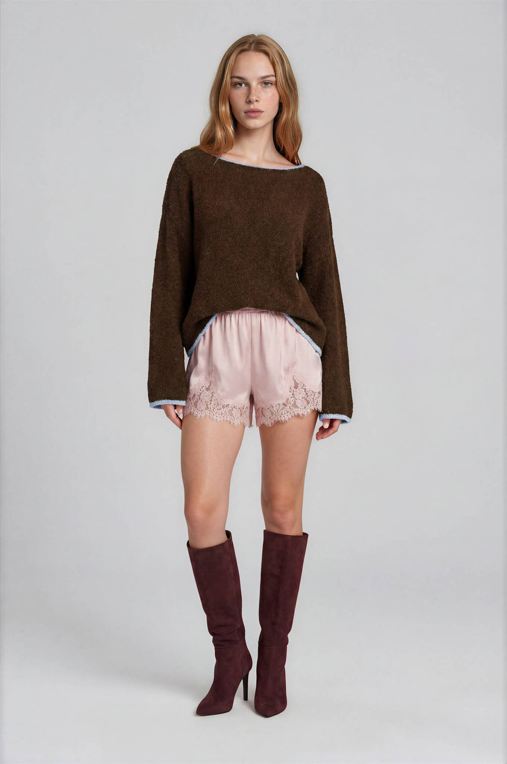 BOAT NECK CONTRAST TRIM LONG SLEEVE KNIT SWEATER