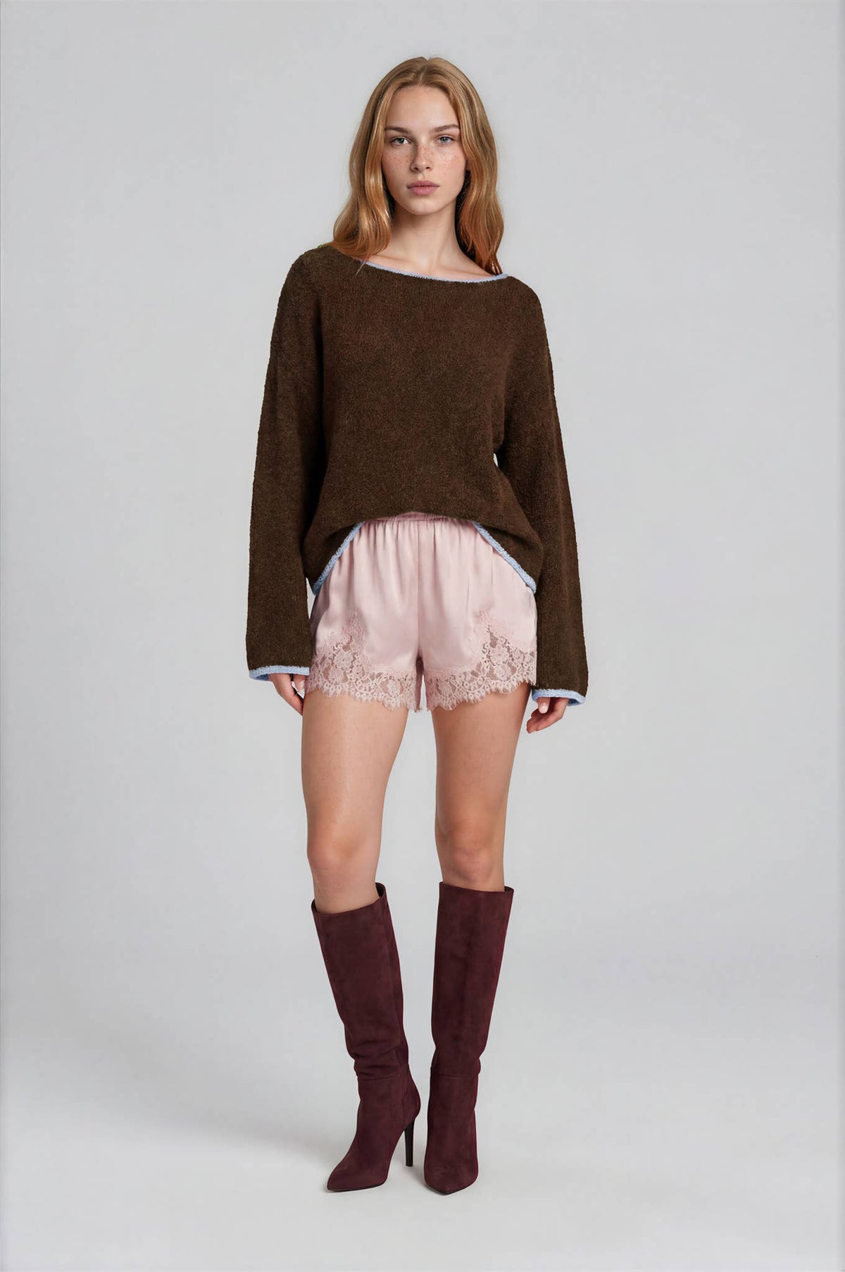 BOAT NECK CONTRAST TRIM LONG SLEEVE KNIT SWEATER