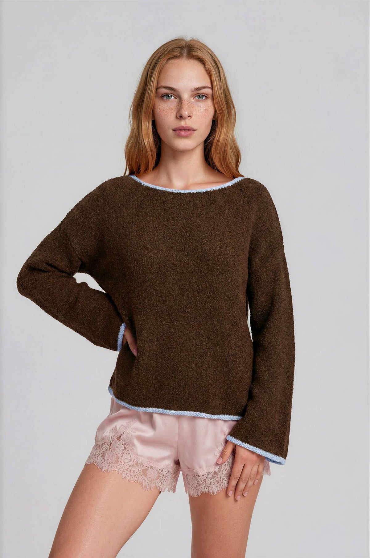 BOAT NECK CONTRAST TRIM LONG SLEEVE KNIT SWEATER