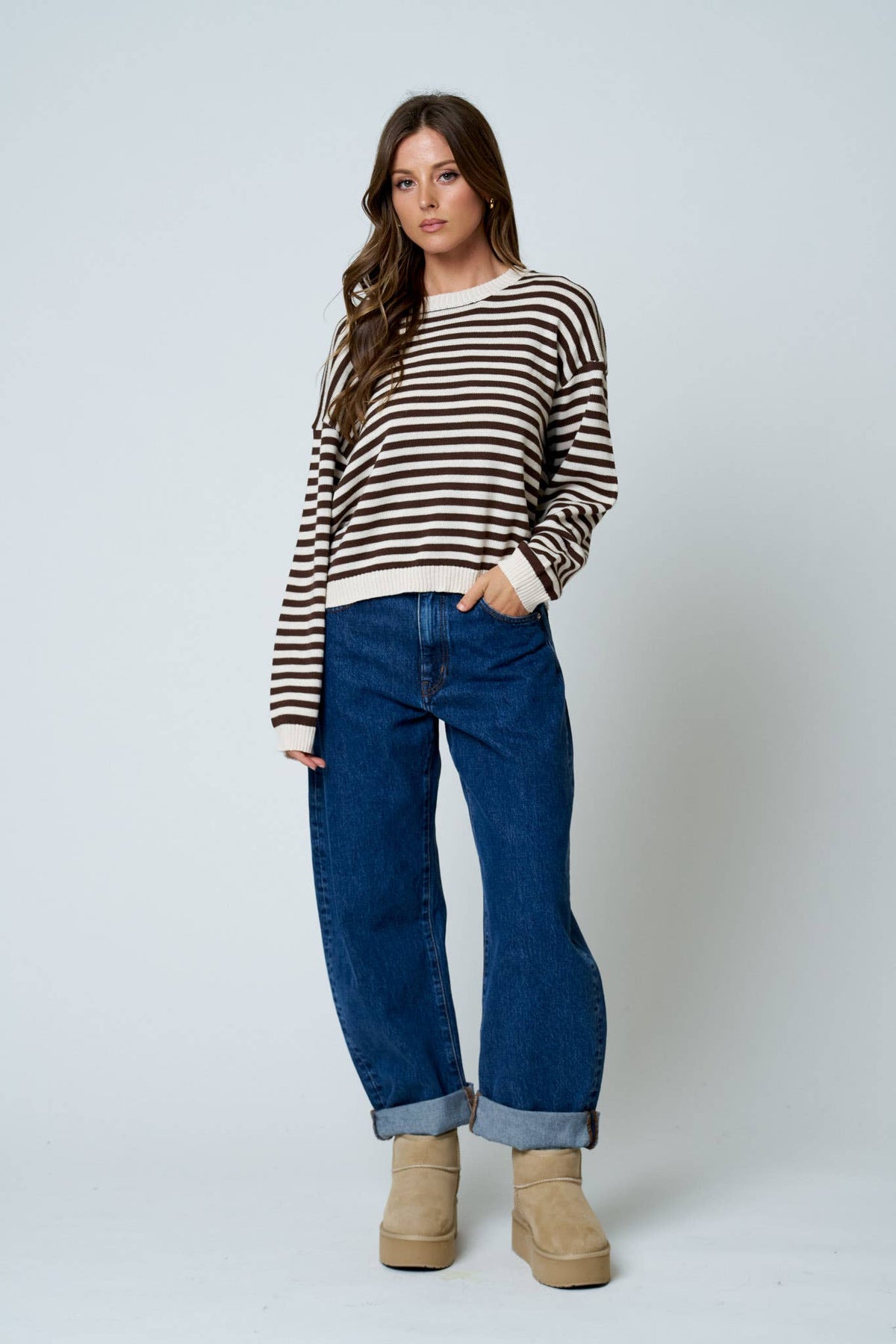 STRIPE RELAXED BACK BUTTON DETAIL KNIT SWEATER